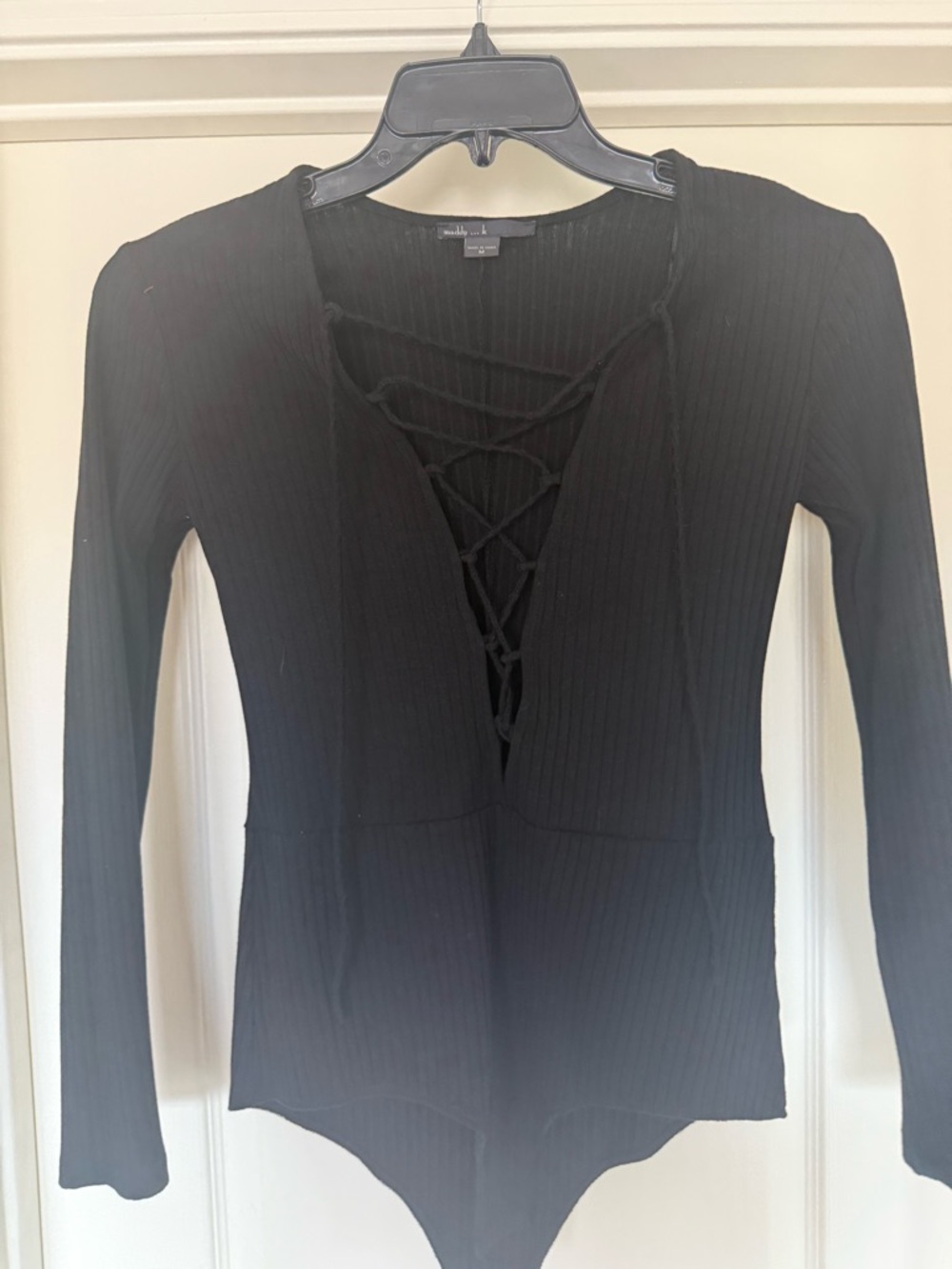 Lace-Up Ribbed Long Sleeve Bodysuit - Black